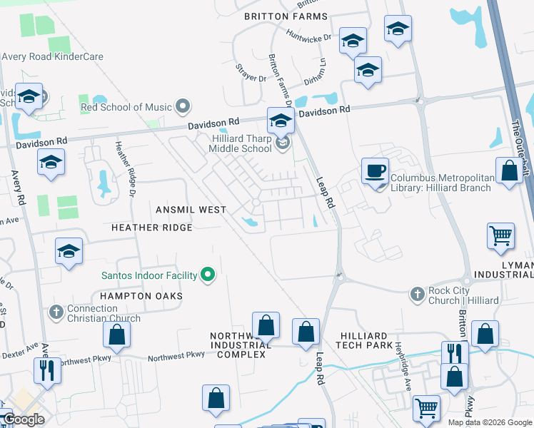 map of restaurants, bars, coffee shops, grocery stores, and more near 4611 Profile Lane in Hilliard