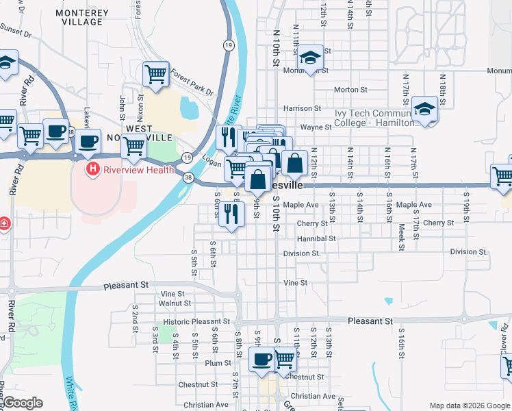 map of restaurants, bars, coffee shops, grocery stores, and more near 198 South 9th Street in Noblesville