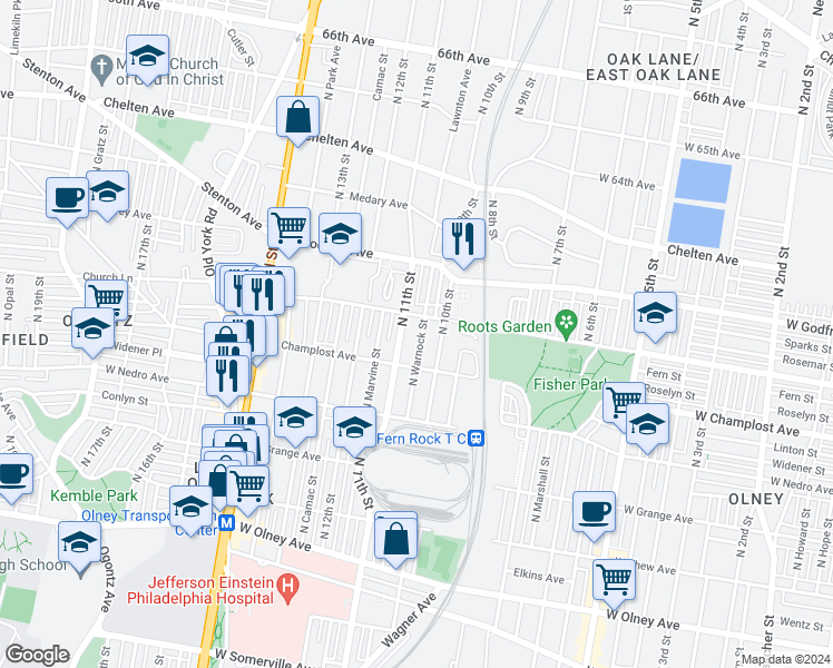 map of restaurants, bars, coffee shops, grocery stores, and more near 6032 North Warnock Street in Philadelphia