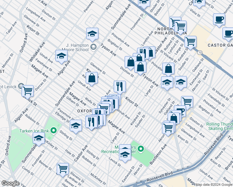 map of restaurants, bars, coffee shops, grocery stores, and more near 1428 Knorr Street in Philadelphia