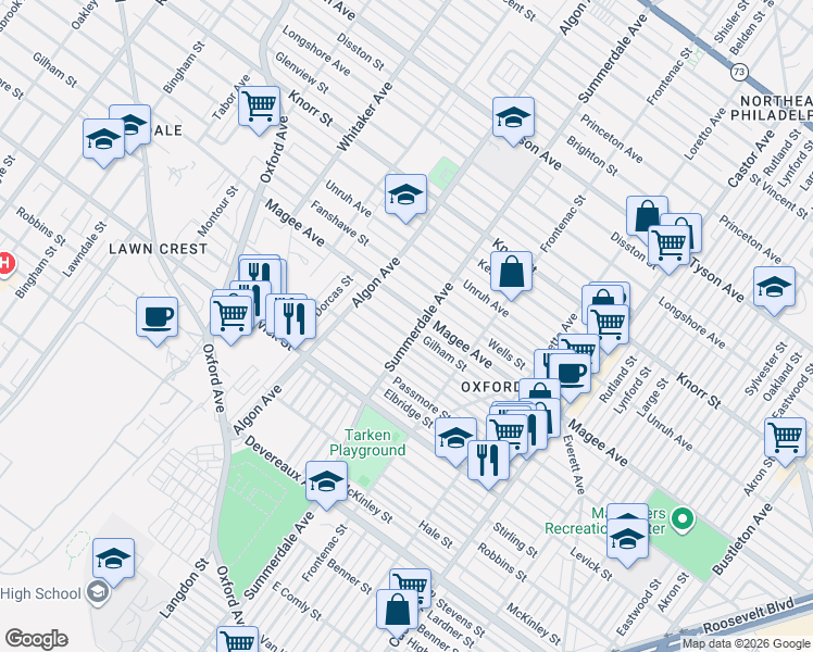 map of restaurants, bars, coffee shops, grocery stores, and more near 1141 Gilham Street in Philadelphia