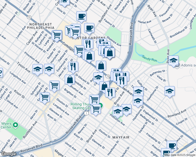 map of restaurants, bars, coffee shops, grocery stores, and more near 7246 Calvert Street in Philadelphia