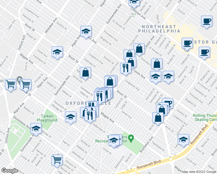 map of restaurants, bars, coffee shops, grocery stores, and more near 1428 Knorr Street in Philadelphia