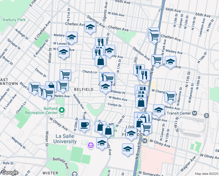 map of restaurants, bars, coffee shops, grocery stores, and more near 5933 Ogontz Avenue in Philadelphia