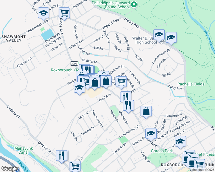 map of restaurants, bars, coffee shops, grocery stores, and more near 7037 Ridge Avenue in Philadelphia