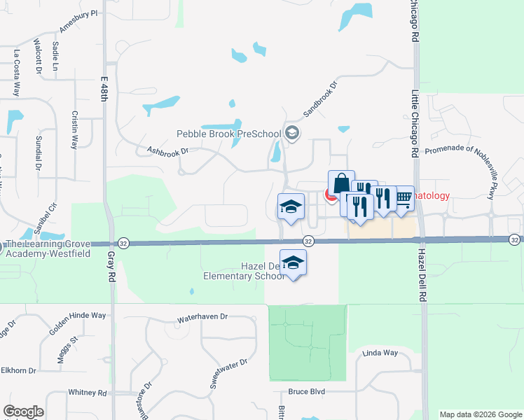 map of restaurants, bars, coffee shops, grocery stores, and more near 17665 Crown Pointe Court in Noblesville