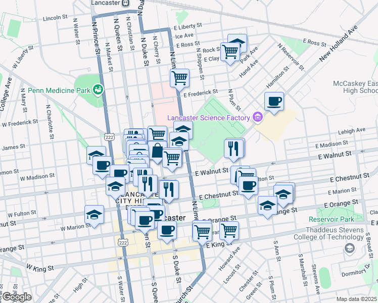 map of restaurants, bars, coffee shops, grocery stores, and more near 202 East Lemon Street in Lancaster