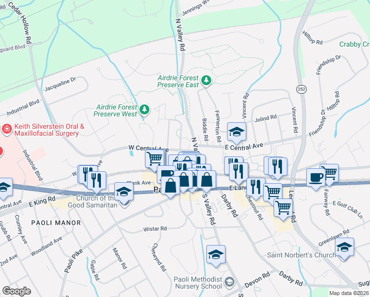 map of restaurants, bars, coffee shops, grocery stores, and more near 15 West Central Avenue in Paoli