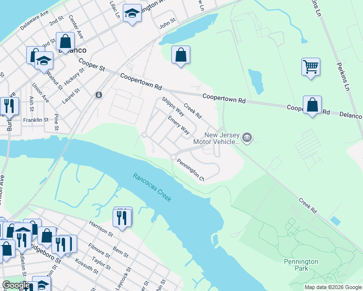 map of restaurants, bars, coffee shops, grocery stores, and more near 101 Newtons Landing Boulevard in Delanco