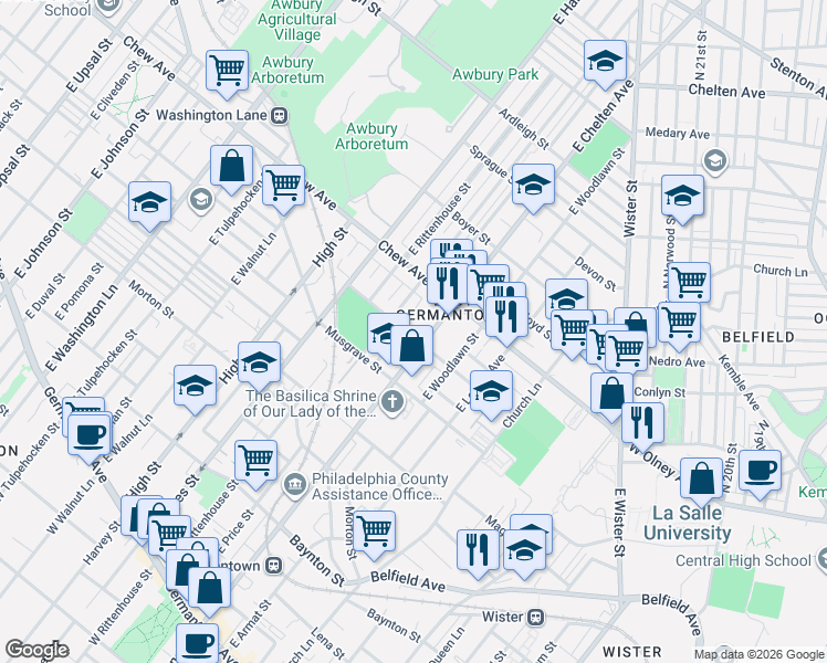 map of restaurants, bars, coffee shops, grocery stores, and more near 627 East Chelten Avenue in Philadelphia
