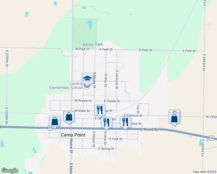 map of restaurants, bars, coffee shops, grocery stores, and more near 214 North Vermont Street in Camp Point