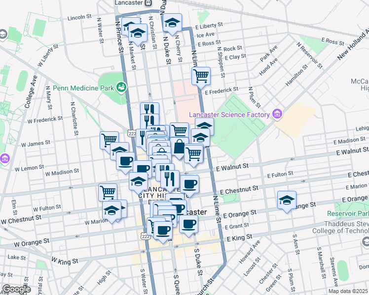 map of restaurants, bars, coffee shops, grocery stores, and more near 105 East Lemon Street in Lancaster