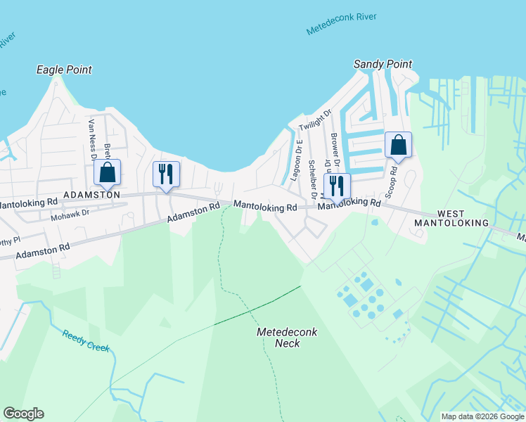 map of restaurants, bars, coffee shops, grocery stores, and more near 335 Mantoloking Road in Brick Township