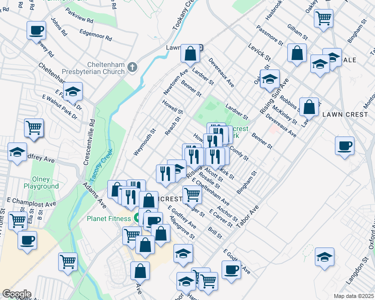 map of restaurants, bars, coffee shops, grocery stores, and more near 436 Van Kirk Street in Philadelphia