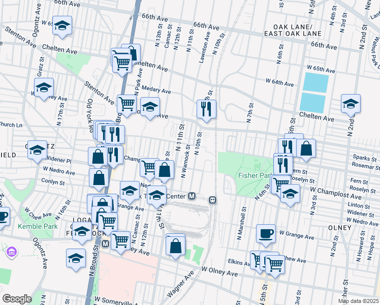 map of restaurants, bars, coffee shops, grocery stores, and more near 6043 North Warnock Street in Philadelphia