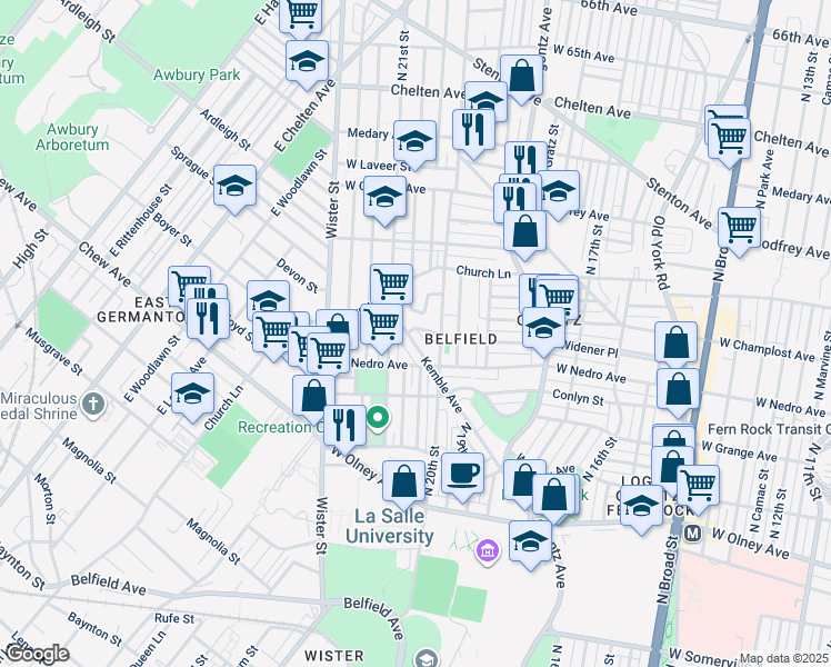 map of restaurants, bars, coffee shops, grocery stores, and more near 5949 Kemble Avenue in Philadelphia