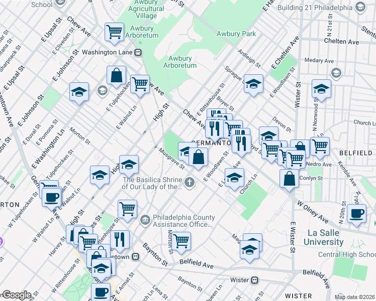 map of restaurants, bars, coffee shops, grocery stores, and more near 608 East Price Street in Philadelphia