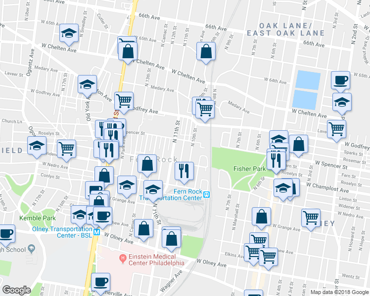 map of restaurants, bars, coffee shops, grocery stores, and more near 6043 North Warnock Street in Philadelphia