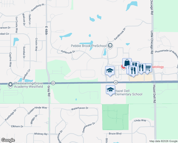 map of restaurants, bars, coffee shops, grocery stores, and more near 5217 Castamere Drive in Noblesville