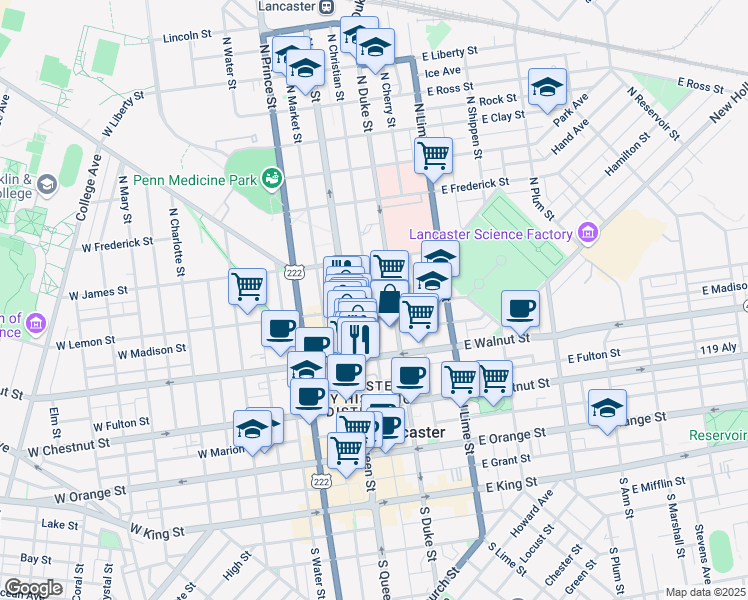 map of restaurants, bars, coffee shops, grocery stores, and more near 29 East Lemon Street in Lancaster
