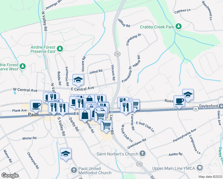 map of restaurants, bars, coffee shops, grocery stores, and more near 335 Paoli Pointe Drive in Paoli