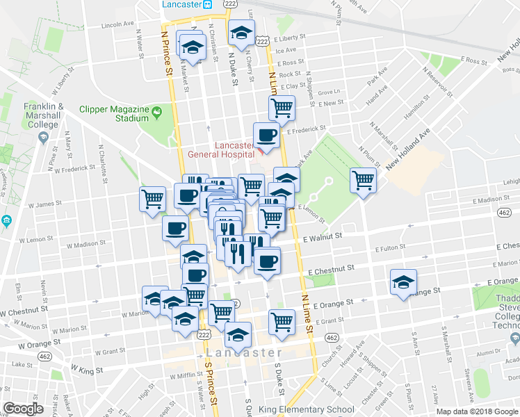 map of restaurants, bars, coffee shops, grocery stores, and more near 107 East Lemon Street in Lancaster