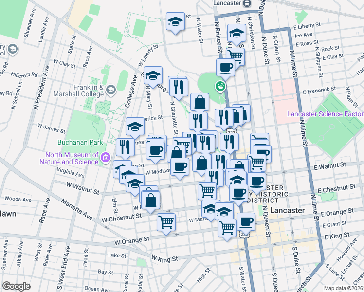 map of restaurants, bars, coffee shops, grocery stores, and more near 351 North Charlotte Street in Lancaster