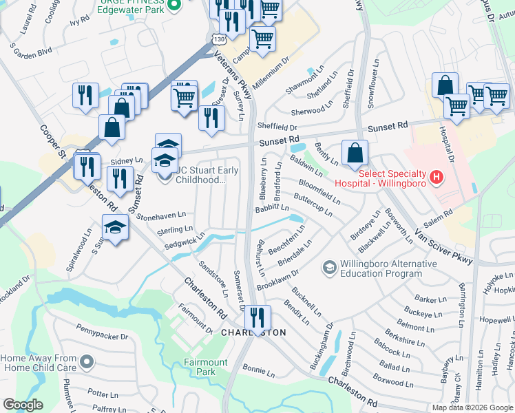map of restaurants, bars, coffee shops, grocery stores, and more near 2 Babbitt Lane in Willingboro