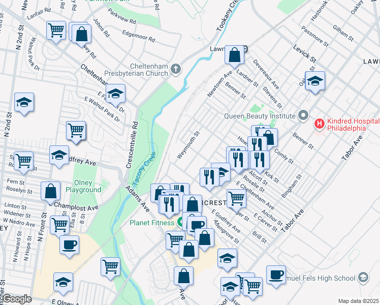 map of restaurants, bars, coffee shops, grocery stores, and more near 5722 Reach Street in Philadelphia