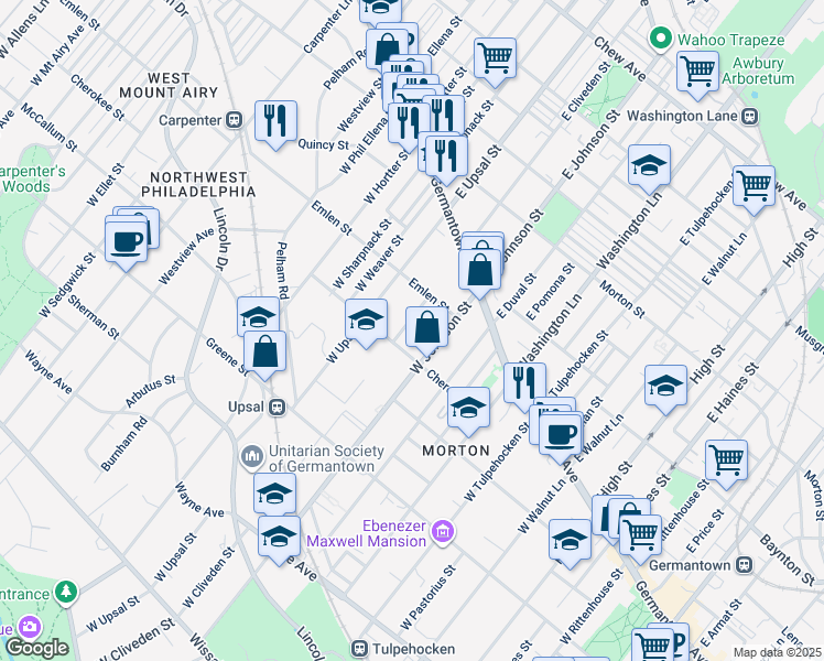 map of restaurants, bars, coffee shops, grocery stores, and more near 136 W Cliveden St in Philadelphia