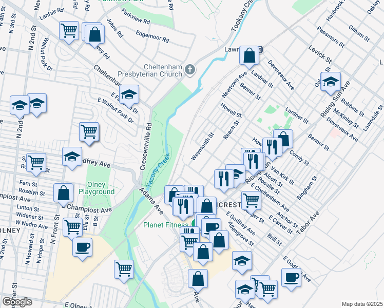 map of restaurants, bars, coffee shops, grocery stores, and more near 5720 Weymouth Street in Philadelphia