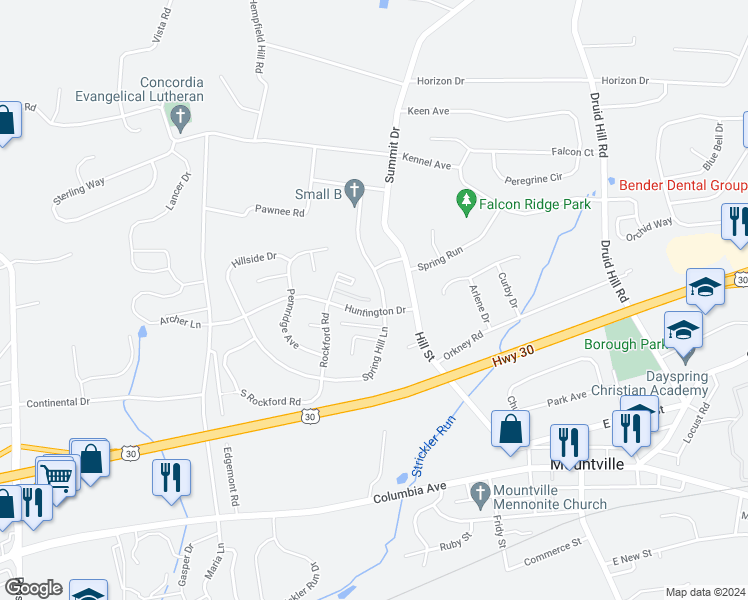 map of restaurants, bars, coffee shops, grocery stores, and more near 280 Spring Hill Lane in Mountville
