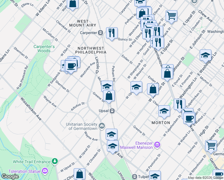 map of restaurants, bars, coffee shops, grocery stores, and more near 6555 Greene Street in Philadelphia