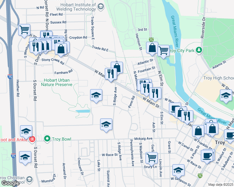 map of restaurants, bars, coffee shops, grocery stores, and more near 121 South Ridge Avenue in Troy