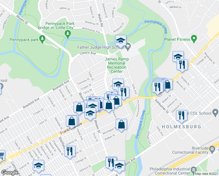map of restaurants, bars, coffee shops, grocery stores, and more near 3503 Welsh Road in Philadelphia
