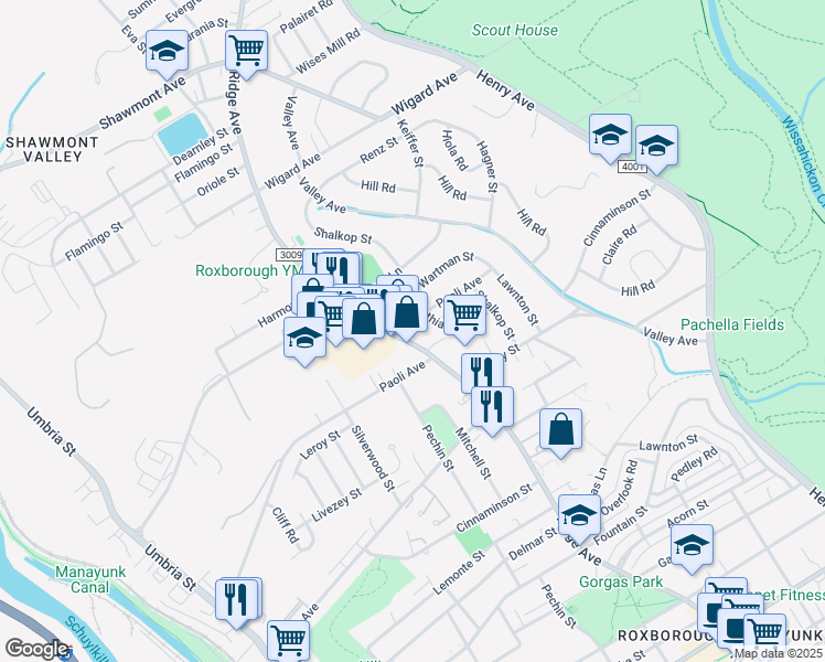 map of restaurants, bars, coffee shops, grocery stores, and more near 6901 Ridge Avenue in Philadelphia