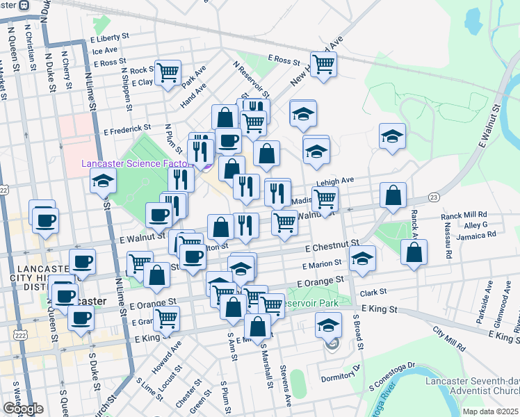 map of restaurants, bars, coffee shops, grocery stores, and more near 630 East Madison Street in Lancaster
