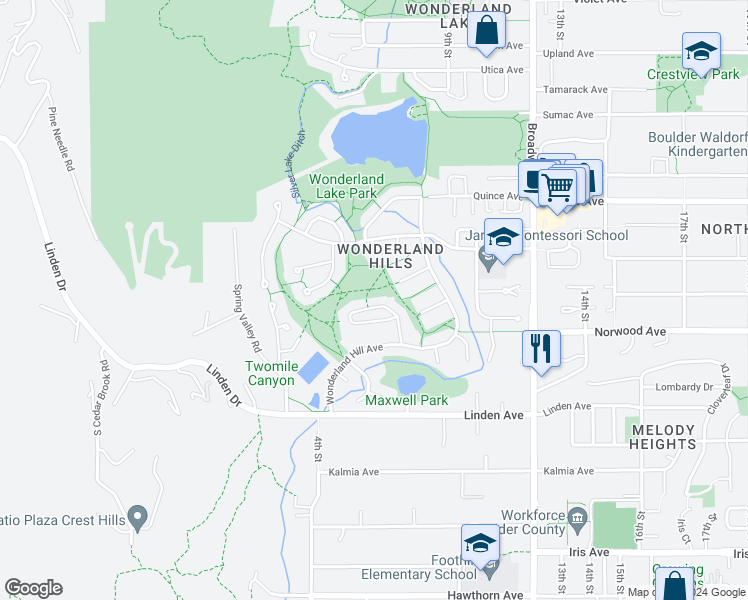 map of restaurants, bars, coffee shops, grocery stores, and more near 625 Northstar Court in Boulder