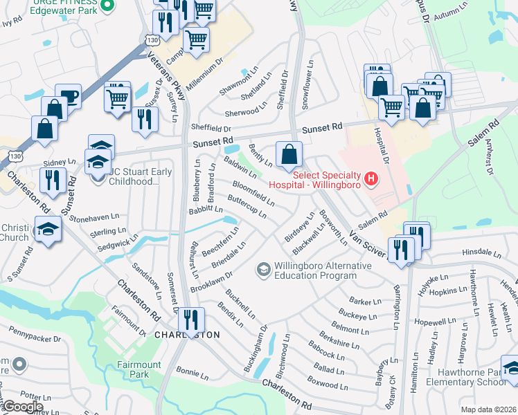map of restaurants, bars, coffee shops, grocery stores, and more near 61 Babbitt Lane in Willingboro