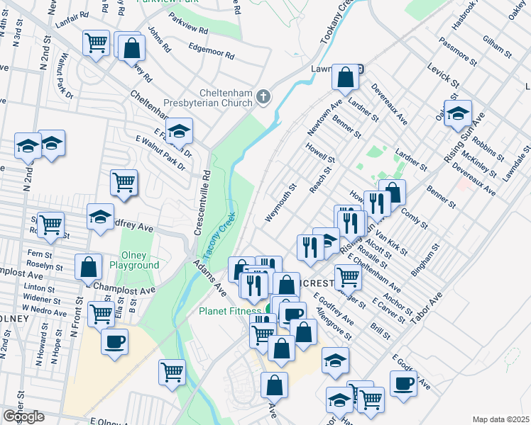 map of restaurants, bars, coffee shops, grocery stores, and more near 5720 Weymouth Street in Philadelphia