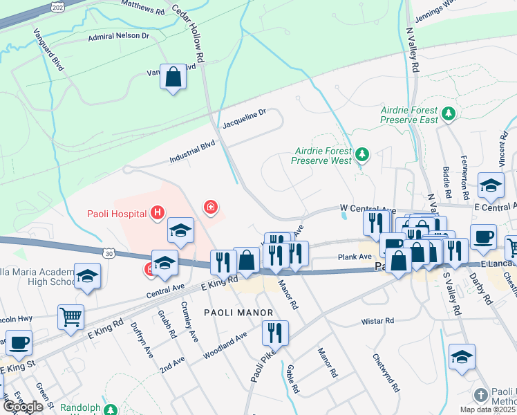 map of restaurants, bars, coffee shops, grocery stores, and more near 19 North Cedar Hollow Road in Paoli