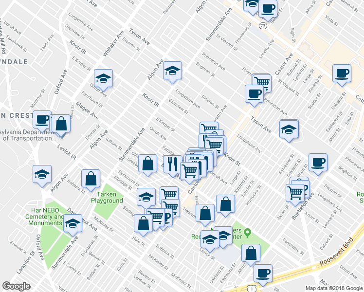 map of restaurants, bars, coffee shops, grocery stores, and more near 1341 Unruh Avenue in Philadelphia