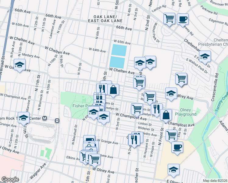 map of restaurants, bars, coffee shops, grocery stores, and more near 6101 North Lawrence Street in Philadelphia