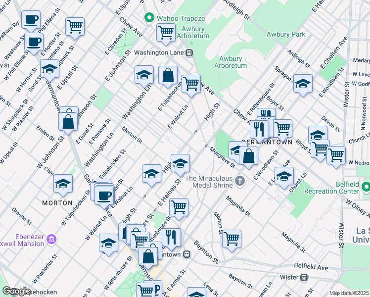 map of restaurants, bars, coffee shops, grocery stores, and more near 444 East High Street in Philadelphia