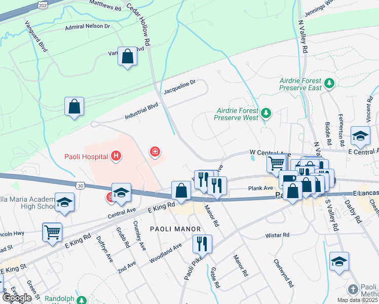 map of restaurants, bars, coffee shops, grocery stores, and more near 19 North Cedar Hollow Road in Paoli
