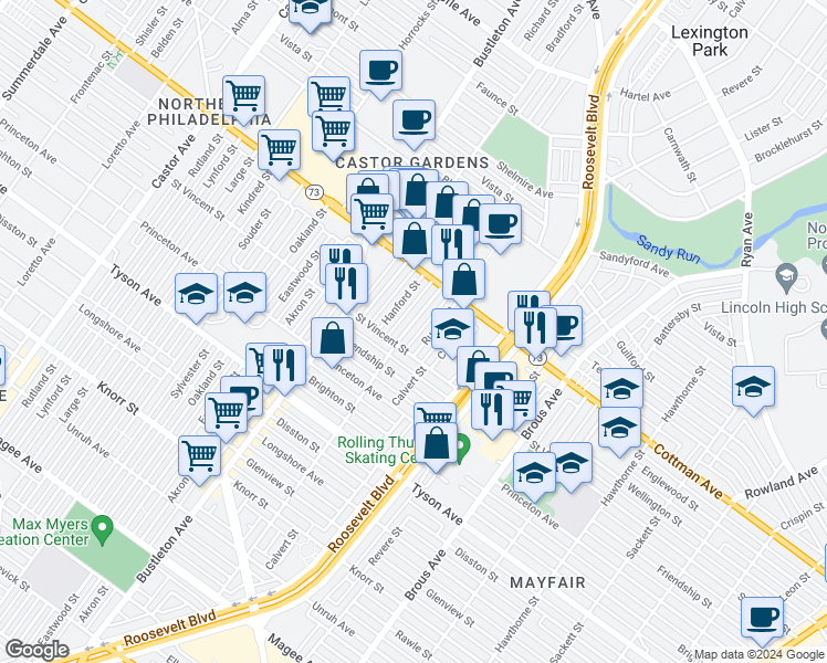 map of restaurants, bars, coffee shops, grocery stores, and more near 7223 Leonard Street in Philadelphia