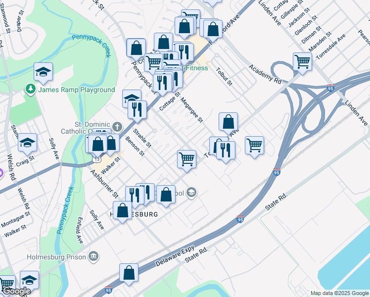 map of restaurants, bars, coffee shops, grocery stores, and more near 4602 Pennypack Street in Philadelphia