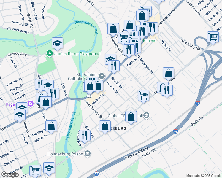 map of restaurants, bars, coffee shops, grocery stores, and more near 4500 Benson Street in Philadelphia