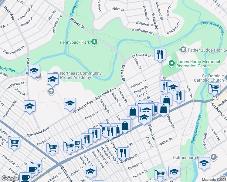 map of restaurants, bars, coffee shops, grocery stores, and more near 3334 Ashville Street in Philadelphia