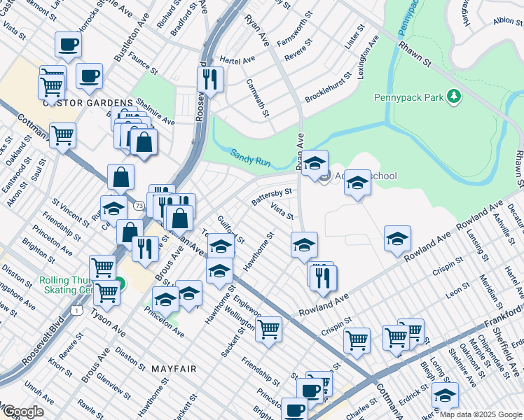 map of restaurants, bars, coffee shops, grocery stores, and more near 3011 Nesper Street in Philadelphia